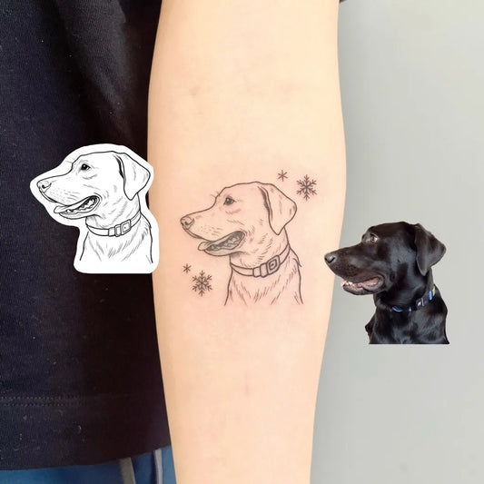 Small Fine Line Labrador and Stars Tattoo on Women Arm by @honeybeetattoo_airu