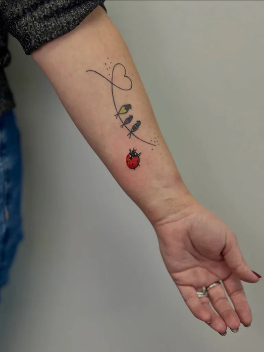 Small Fine Line Ladybug Birds Heart Tattoo on Women Arm by @aj_inkvillage