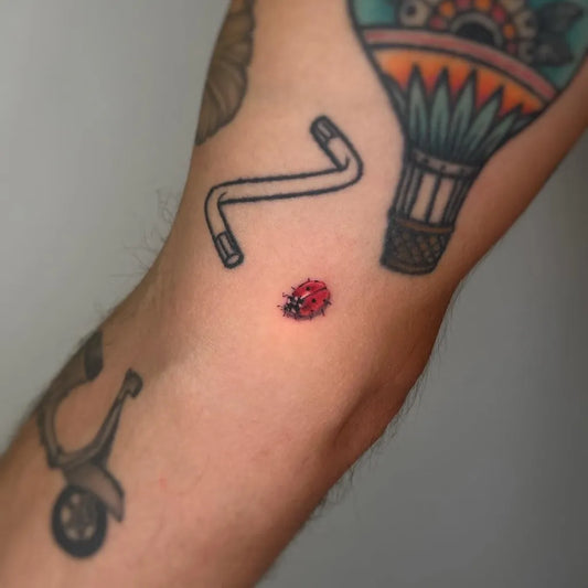 Small Fine Line Ladybug and Hot Air Balloon Tattoo on Men Arm by @disegnarti