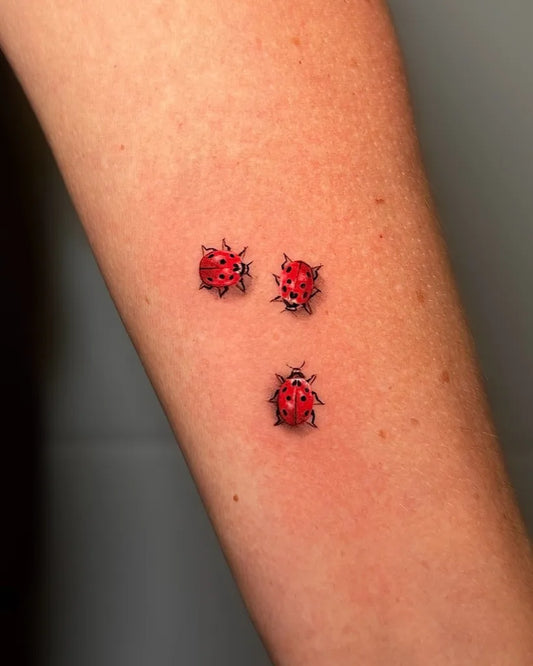 Small Fine Line Ladybugs Tattoo on Women Arm by @jasonkeehntattoo