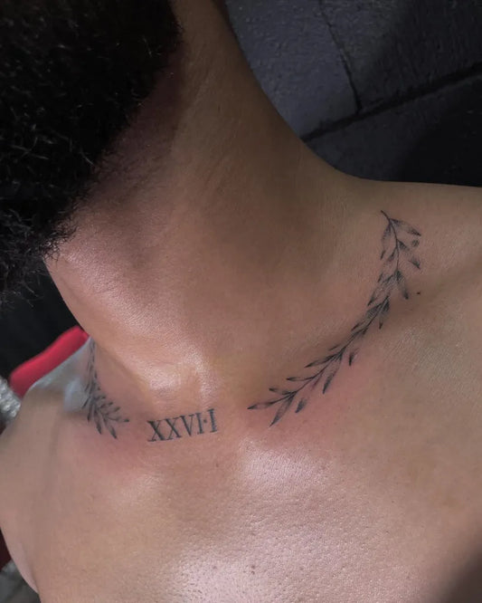 Small Fine Line Laurel Wreath and Roman Numerals Tattoo on Men Neck by @kojitatts