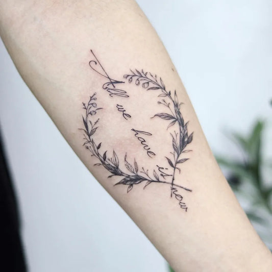 Small Fine Line Laurel Wreath with Quote Tattoo on Women Arm by @aeri_tattoo