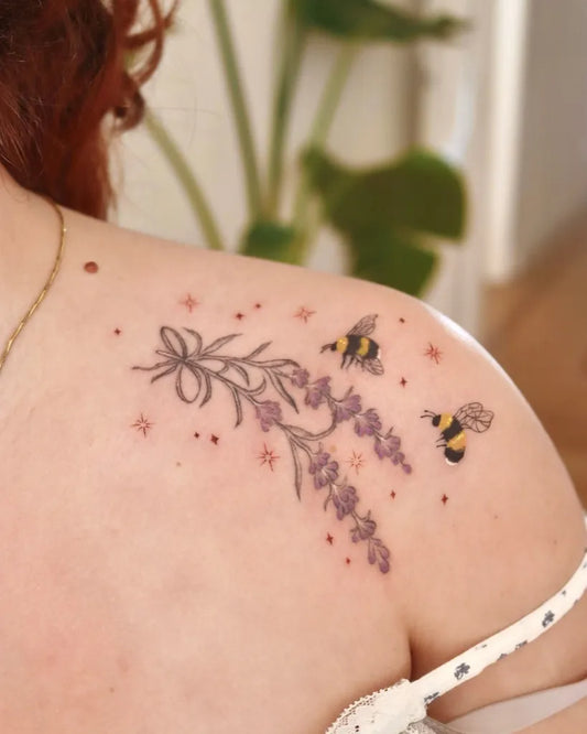 Small Fine Line Lavender Bee on Women Shoulder Tattoo by @fairies.and.goblins