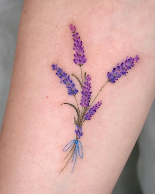 Small Fine Line Lavender Sprig Tied with Ribbon on Women Arm Flower Tattoo by @vismstudio