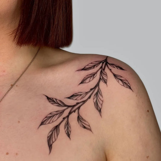 Small Fine Line Leaves Tattoo on Women Collarbone by @jessicaalicetattoo