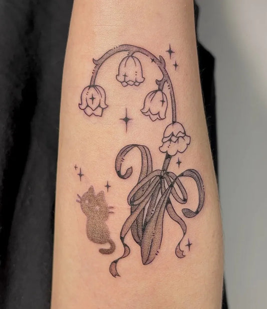 Small Fine Line Lily of the Valley Cat and Stars on Women Arm Tattoo by @luckyrabbit.pokes