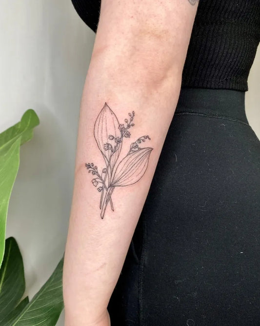 Small Fine Line Lily of the Valley Women Arm Tattoo by @mysticgarden.ink