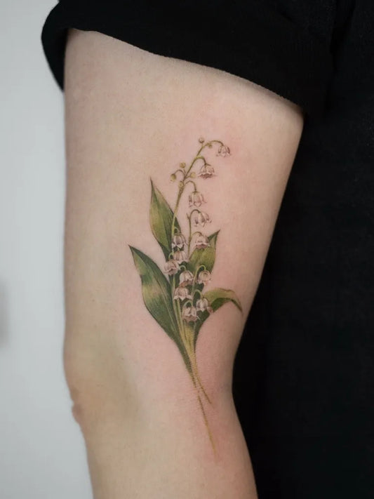 Small Fine Line Lily of the Valley Women Arm Tattoo by @roberta.tattooartist