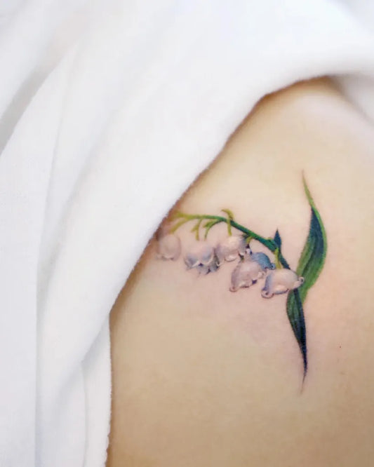 Small Fine Line Lily of the Valley Women Shoulder Tattoo by @yeonji_tattooer