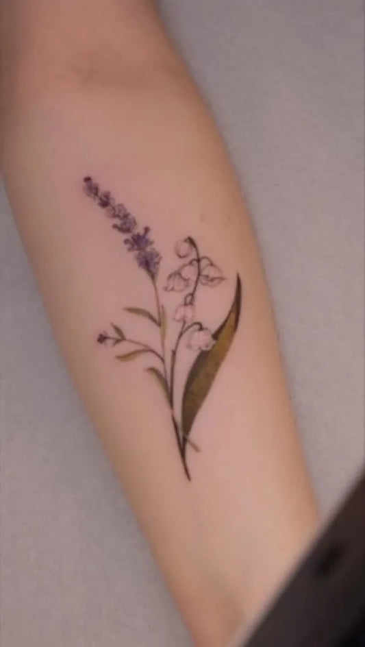 Small Fine Line Lily of the Valley and Lavender Women Arm Tattoo by @czarnykot.tattoo
