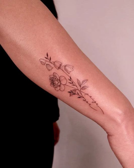 Small Fine Line Lily of the Valley and Rose on Women Arm Tattoo by @tattooist_hyn