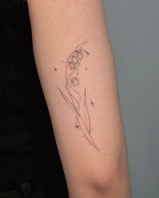 Small Fine Line Lily of the Valley with Stars on Women Arm Tattoo by @narot_6.49oz