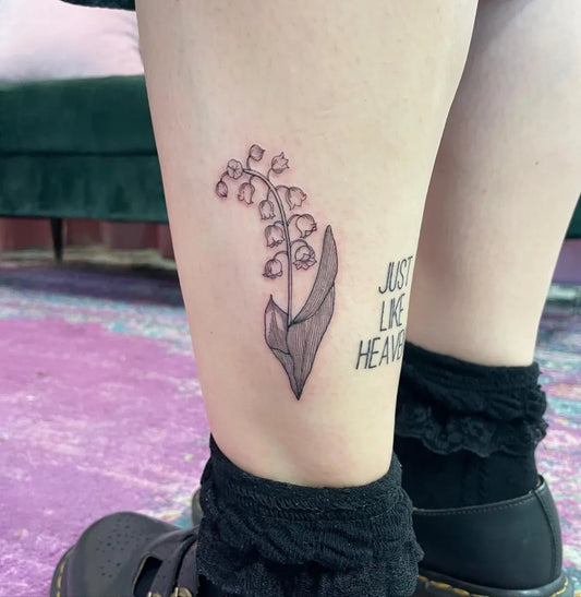 Small Fine Line Lily of the Valley with Text on Women Ankle Tattoo by @mclametattoos