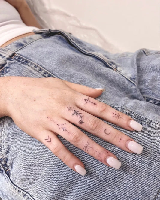 Small Fine Line Line Arrow Moon Rose on Women Fingers Tattoo by @charlotteglatt_tattoos