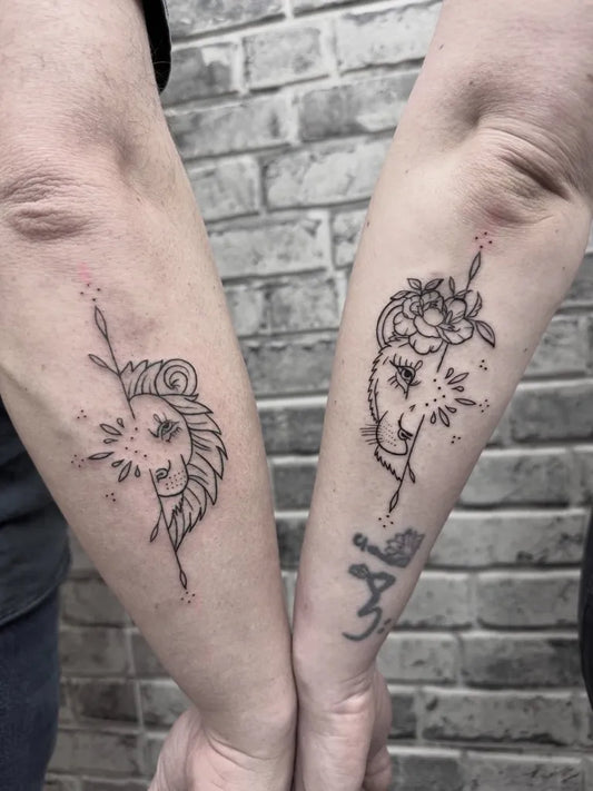 Small Fine Line Lion and Flower Tattoo on Women Arm by @katilala.tattoo