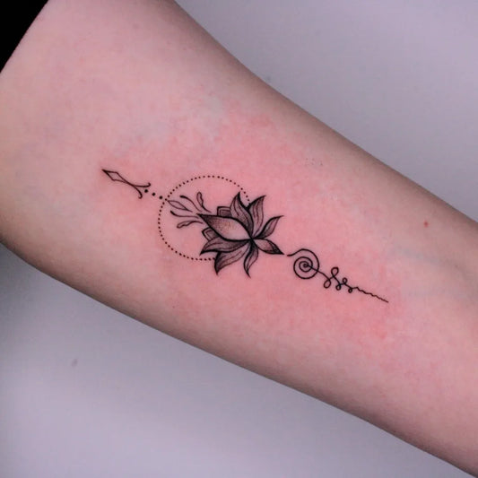 Small Fine Line Lotus Flower Arrow and Sak Yant on Women Forearm Tattoo by @kimi.aquaink