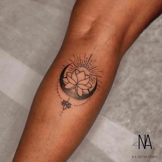 Small Fine Line Lotus Flower Moon Sun on Women Forearm Tattoo by @natattoostudio
