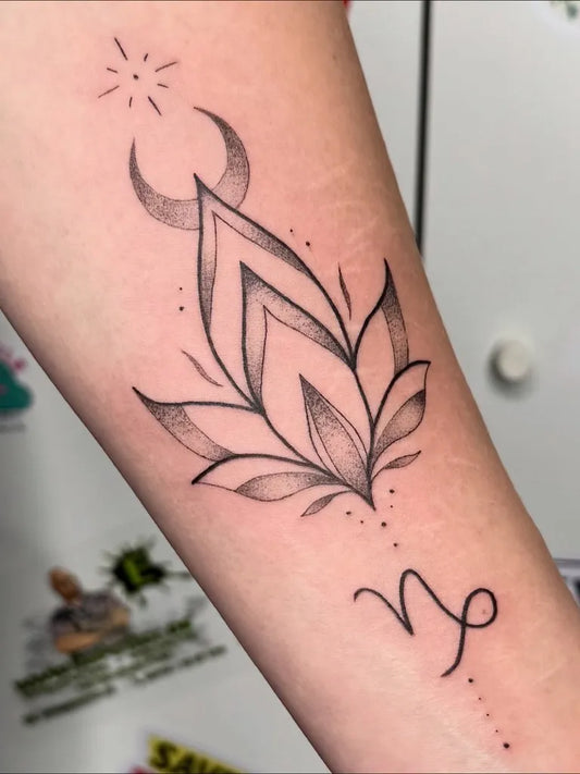 Small Fine Line Lotus Flower Moon Virgo Symbol on Women Arm Tattoo by @doing.tattooing