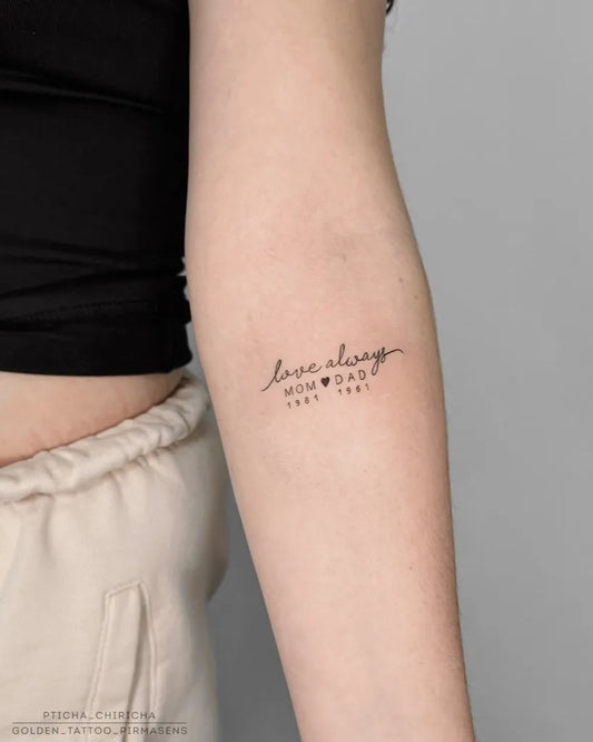 Small Fine Line Love Always Text with Dates on Women Arm Tattoo by @golden_tattoo_pirmasens