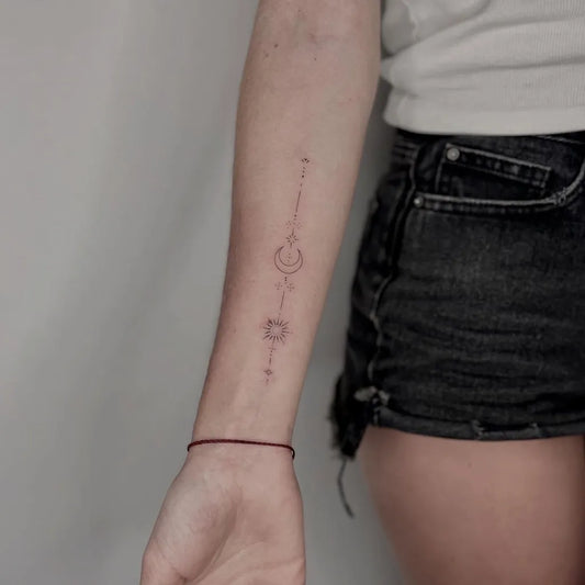 Small Fine Line Lunar Phases and Dots on Women Arm Tattoo by @noxs_tatt
