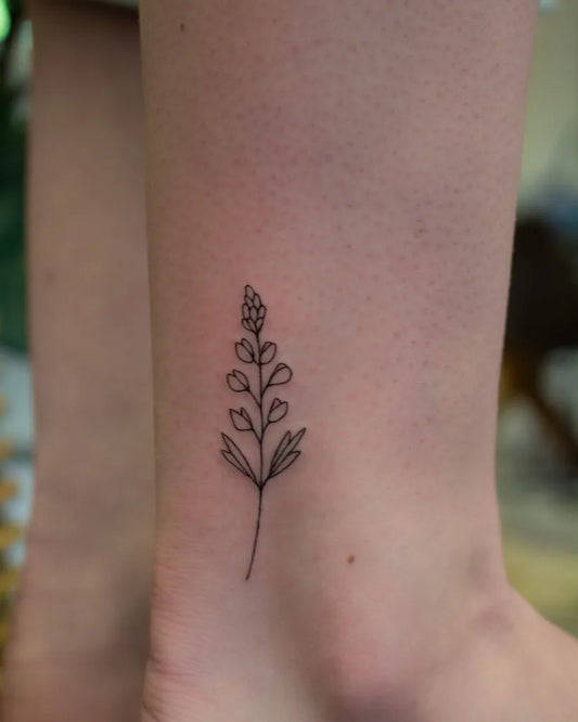 Small Fine Line Lupine Tattoo on Women Ankle by @bloomtattooart