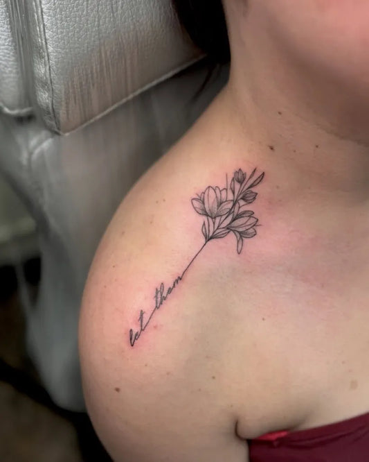 Small Fine Line Magnolia Flowers and Let Them on Women Shoulder Tattoo by @alyssavtattoos