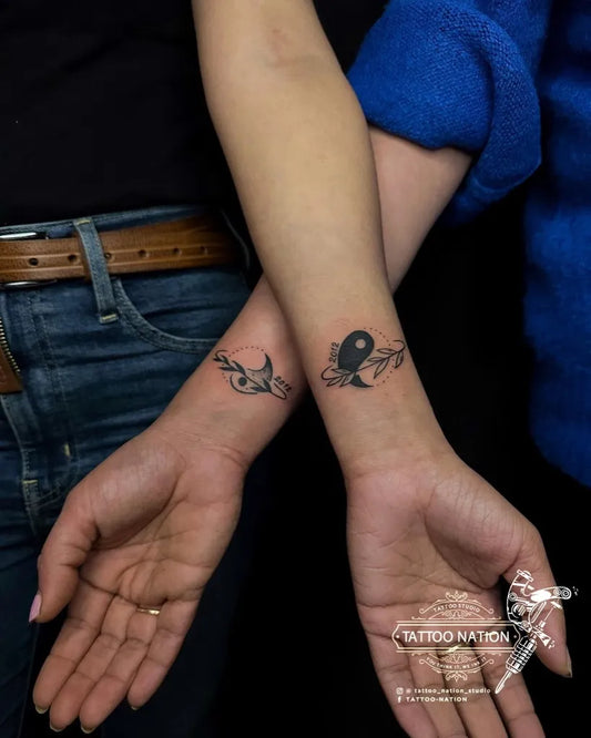 Small Fine Line Matching Yin Yang and Vine Women Wrist Tattoo on by @tattoo_nation_studio