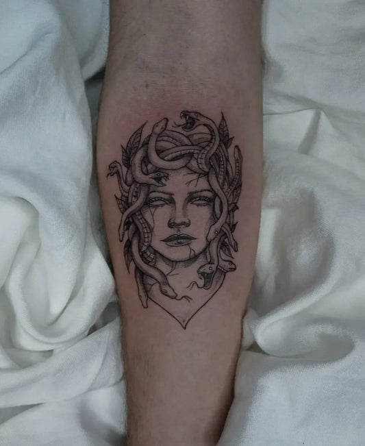 Small Fine Line Medusa on Women Arm Tattoo by @tahakaanbozkurt