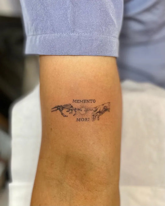 Small Fine Line Memento Mori Hands on Women Arm Tattoo by @amberproject.ph