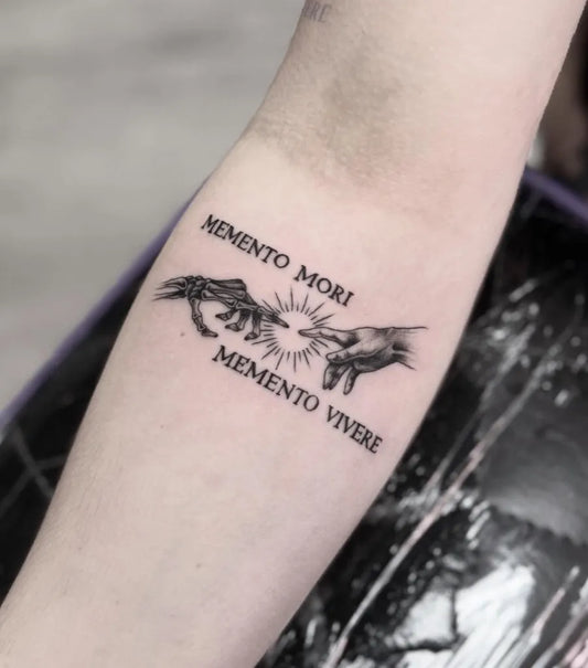 Small Fine Line Memento Mori Hands on Women Forearm Tattoo by @emilycolgantattoos