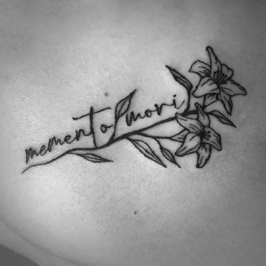 Small Fine Line Memento Mori Lilies on Women Arm Tattoo by @gloomroseink