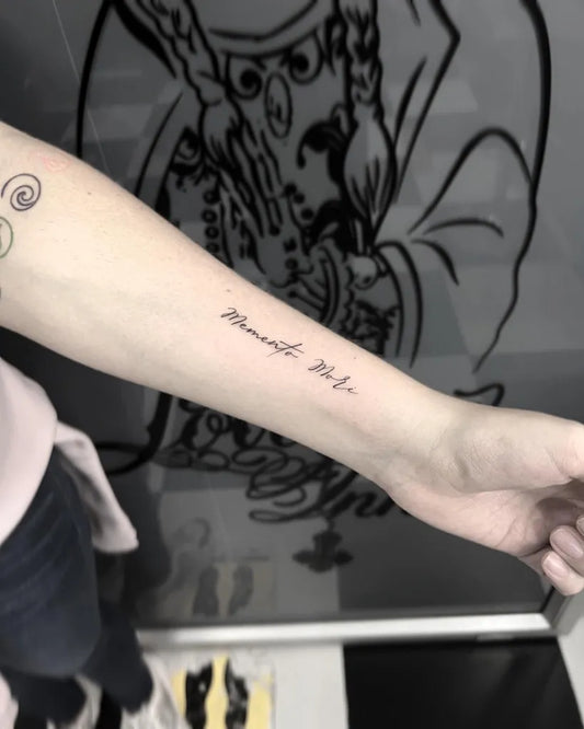 Small Fine Line Memento Mori Women Forearm Tattoo by @lovaynaink