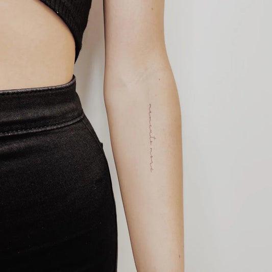 Small Fine Line Memento Mori on Women Arm Tattoo by @julesdrytattoo