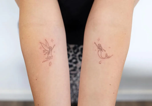 Small Fine Line Mermaid and Fairy Tattoo on Women Arms by @holsentattoo