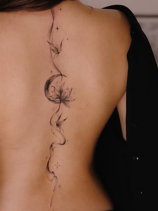 Small Fine Line Moon Birds Tattoo on Women Back by @anna.tattoo.w