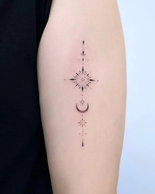 Small Fine Line Moon and Compass Tattoo on Women Arm by @tattooist_mora