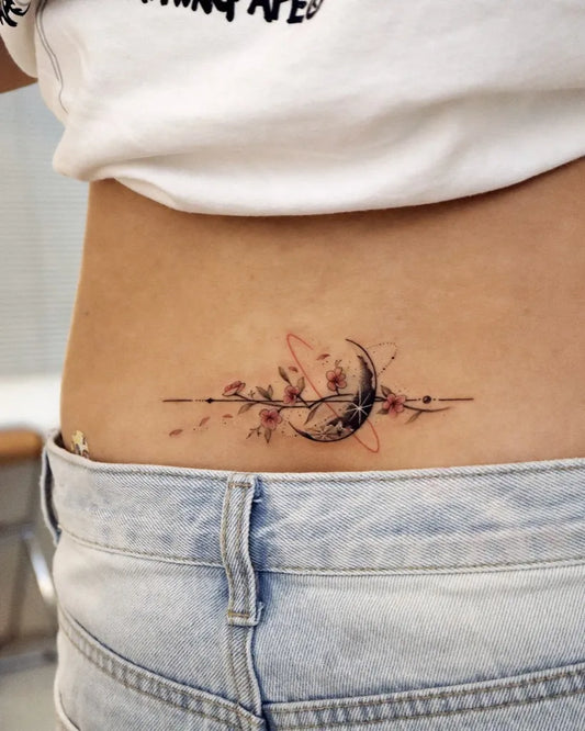 Small Fine Line Moon and Flowers Tattoo on Women Lower Back by @tattooist_giho_