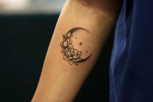 Small Fine Line Moon and Lotus Women Arm by @livingthroughart__