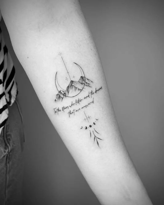 Small Fine Line Mountain and Crescent Tattoo on Women Arm by @shan.6tattoo
