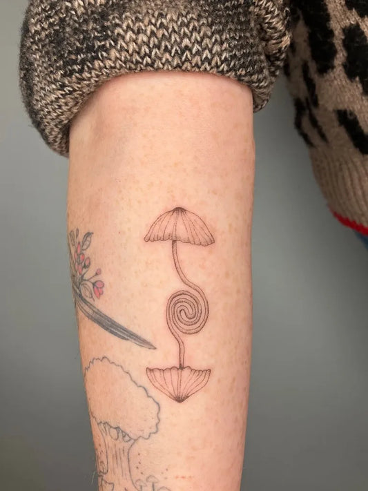 Small Fine Line Mushroom Women Arm Tattoo by @birdnerdtattoos