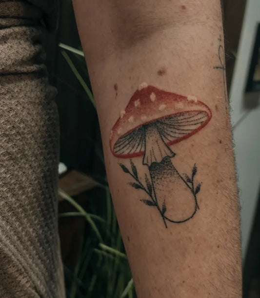Small Fine Line Mushroom with Leaves on Women Arm Tattoo by @mariane.s_heart