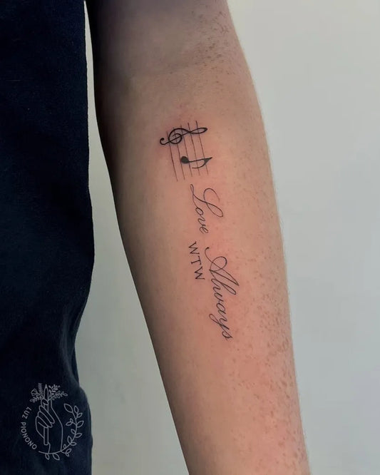 Small Fine Line Music Note Love Always on Women Arm Tattoo by @luztattz