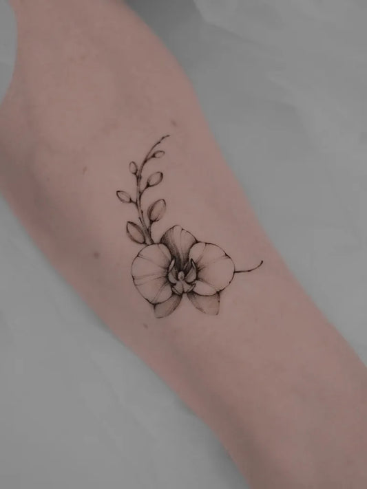 Small Fine Line Orchid Tattoo on Women Forearm by @fot.tattoo