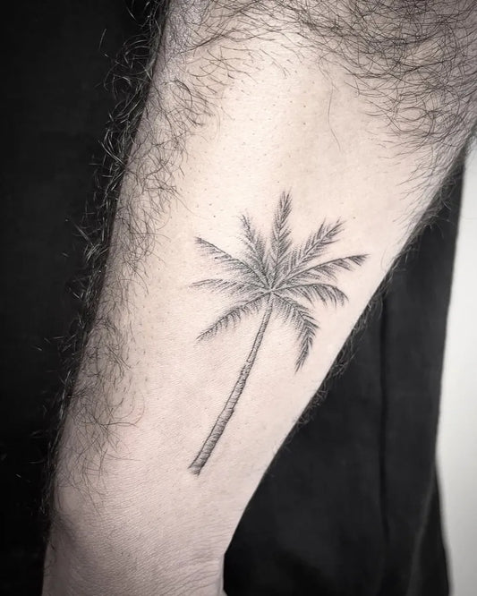 Small Fine Line Palm Tree Tattoo on Men Arm by @estrella.co_ink