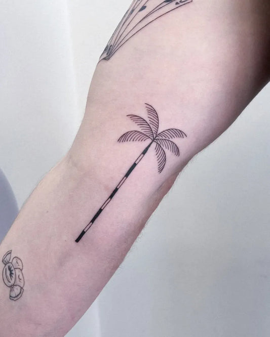 Small Fine Line Palm Tree Tattoo on Men Arm by @ohrel_tattoo