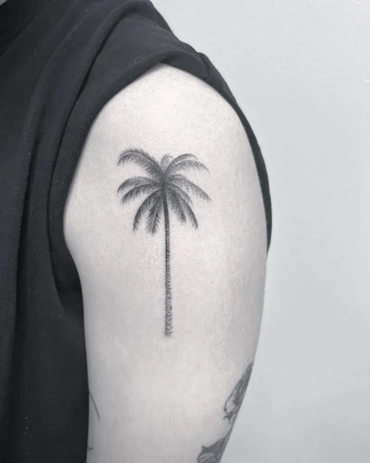 Small Fine Line Palm Tree Tattoo on Men Upper Arm by @cihanpohrenk