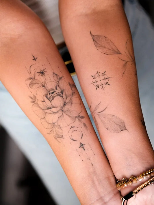 Small Fine Line Peony and Leaves on Women Arms Tattoo by @necro_noir