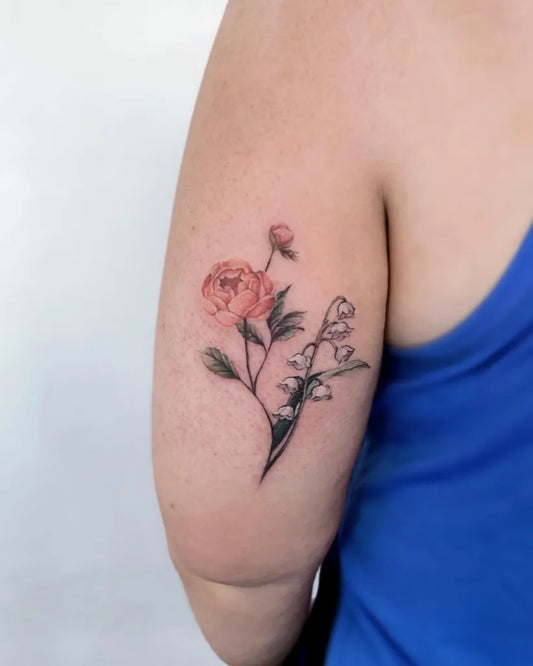 Small Fine Line Peony and Lily of the Valley on Women Arm Tattoo by @irisss.tattoo