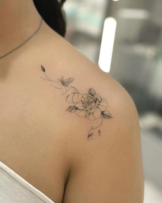 Small Fine Line Peony and Vines Tattoo on Women Shoulder by @baronart_helen