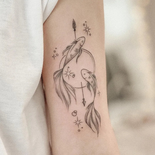 Small Fine Line Pisces Fish Tattoo on Women Arm by @hyunditt